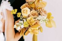 53 a yellow wedding bouquet with roses, peony roses, mimosas, fall leaves and mustard ribbons is a cool idea for the fall