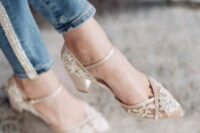 57 nude wedding shoes with white lace appliques and ankle straps are a refined and chic idea for a wedding, they look chic