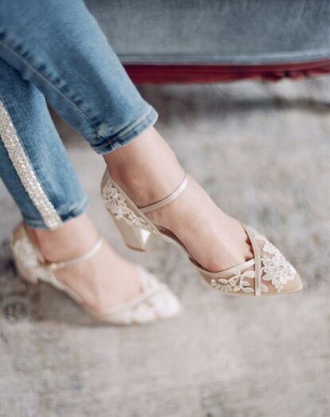 nude wedding shoes with white lace appliques and ankle straps are a refined and chic idea for a wedding, they look chic
