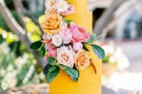59 a marigold wedding cake decorated with fresh roses in pink, rust, blush and peachy shades is true classics