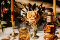amber bottles and glasses, amber candles and menus are perfect for accenting a fall tablescape
