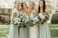 02 lovely sage grene maxi bridesmaid dresses with mismatching necklines are amazing for a spring or summer wedding