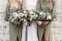 03 matching long sleeve sage green wrap bridesmaid dresses and a plain modern wedding dress for the bride