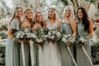 04 mismatching sage green bridesmaid dresses and a white lace wedding dress with a layered skirt