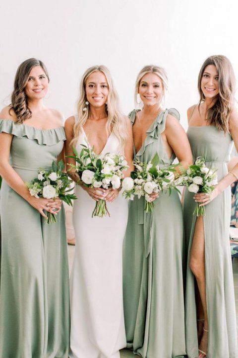mismatching sage green maxi bridesmaid dresses are chic and refined and look fresh