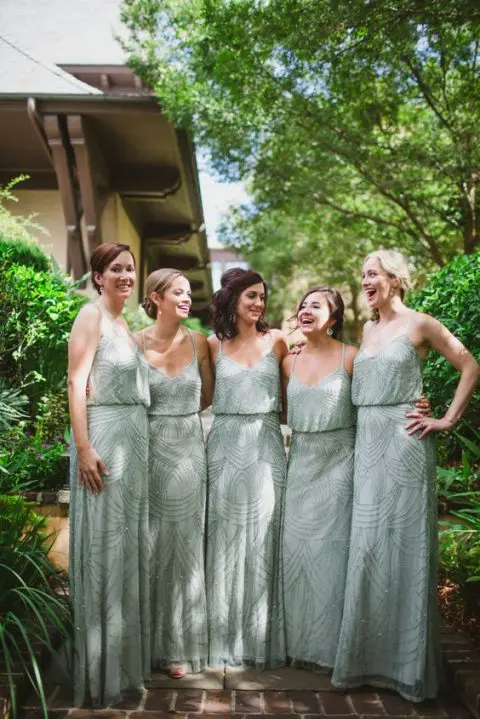 embellished sage or mint sheath bridesmaid dresses with spaghetti straps