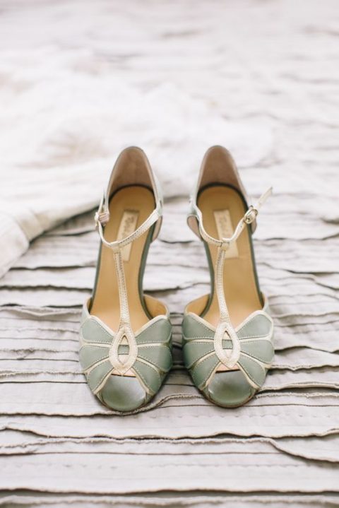 elegant vintage-inspired sage green and gold wedding shoes for the bride