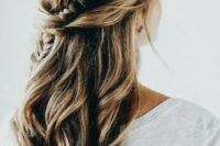 08 a boho chic wedding half updo with twists and a large French braid is a timeless boho chic option for any season