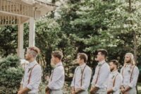 09 groomsmen wearing white shirts, sage green pants, brown shoes, brown suspenders and boutonnieres