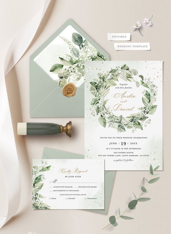 a beautiful sage green wedding invitation suite with a sage green envelope, some greenery and blooms printed
