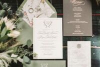 18 a chic wedding invitation suite in white, sage and taupe with botanical prints and seals