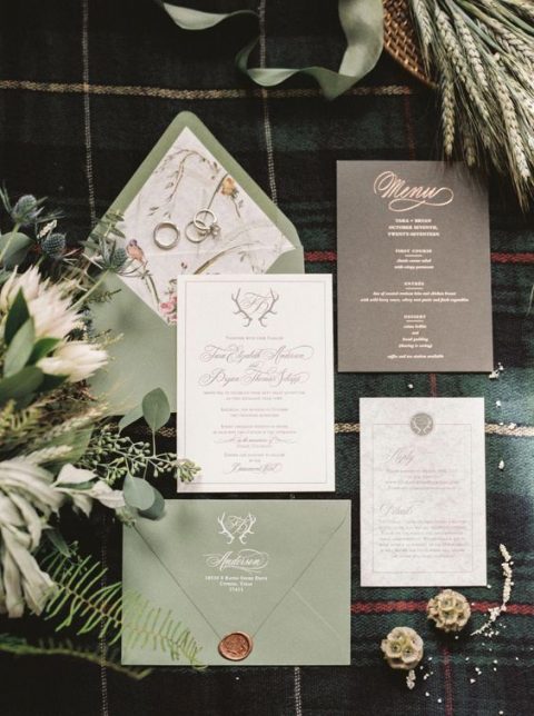 a chic wedding invitation suite in white, sage and taupe with botanical prints and seals