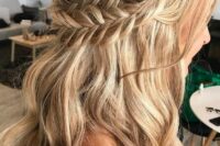 23 a classy boho half updo with a double braided halo and waves down plus a bump requires no accessories as it’s gorgeous itself
