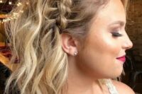 24 a creative blonde half updo with a large side braid and textural waves is a chic and cool idea to rock