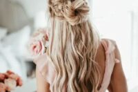 27 a dreamy wedding half updo with two large braids on top and a top knot plus waves down for a fary-tale look