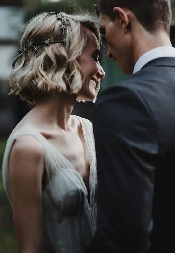a blonde bob with waves and a celestial hair vine is a lovely idea for a celestial bride
