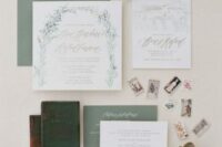 36 a sage green wedding invitation suite with botanical prints and some watercolors