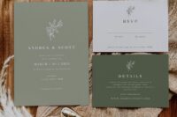 38 a stylish modern wedding invitation suite with a sage green, olive green and white cards