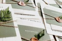 46 woodland wedding invitation suite with white and sage green cards, twine, seals and fern is ultimate