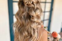 47 a creative boho wedding half updo with a fishtail braid halo and a bubble braid and waves down is amazing