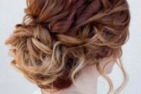 51 a wavy messy updo with locks to frame the face and a low bun plus an ombre effect is a chic and lovely idea for a wedding