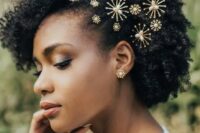 52 short naturally curly hair with beautiful gold and pearl hair pins and matching earrings for a chic look