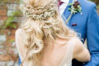61 a braided half updo with a double halo and with baby’s breath looks sweet and will fit a rustic wedding