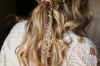 66 a fantastic boho wedding hairstyle with a loose braided halo, a long briad and waves down and some bright blooms