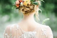 66 a twisted messy bridal updo topped with leaf and fall flower headpiece is a great idea for summer and fall weddings