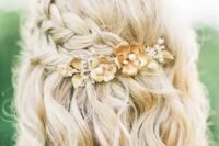 72 a lovely blonde half updo with a volume on top, a double side braid, a hairpiece and waves down is chic