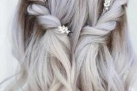 77 a romantic grey medium half up hairstyle with twisted braids, a darker root for an accent and some waves