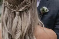 81 a wavy half updo with braids and a tiny embellished hairpiece is a very dreamy and chic idea