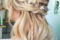 84 a wedding half updo with a braided top, waves down and small braids down plus face-framing locks for a boho bride