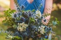 04 a gorgeous wedding bouquet of thistle, greenery, waxflower and berries is a perfect idea for a woodland wedding