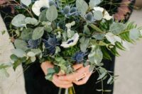 07 a pretty textural and dimensional wedding bouquet of greenery, fern, twigs and thistles plus white anemones is a cool idea