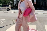 13 an oversized blush pantsuit, a white wrap up top, hot pink shoes and a clutch are a cool idea for a spring or summer wedding