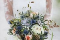 14 a bright and cheerful wedding bouquet with white and peachy blooms, thistles, berries and seed pods plus grasses