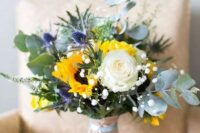 15 a bright and cool wedding bouquet with a white rose, sunflowers, thistles, baby’s breath and eucalyptus is amazing