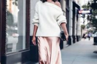 18 a pink midi skirt, a white off the shoulder slouchy sweater, pink velvet shoes with ankle straps ar e a lovely and romantic look