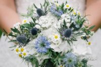 25 a delicate summer wedding bouquet of white and blue blooms, thistles, greenery and chamomiles is a cute idea for your celebration