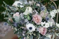 28 a delicate wedding bouquet with ligth pink roses, white anemones, thistles, berries and eucalyptus plus pink and plaid ribbons