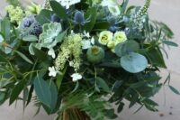 33 a foliage wedding bouquet with white blooms, succulents, seed pods, thistles is a lovely idea for a woodland bride