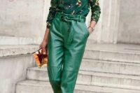 39 a dark green floral shirt, emerald leather pants, silver shoes and a bold clutch are a lovely look for a fall wedding