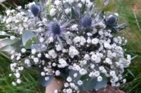 39 a lovely rustic wedding bouquet with baby’s breath and thistles plus eucalyptus is a fantastic idea