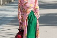 41 a pink floral kimono, apple grene wideleg pants, matching shoes and a bright emberoidered bag
