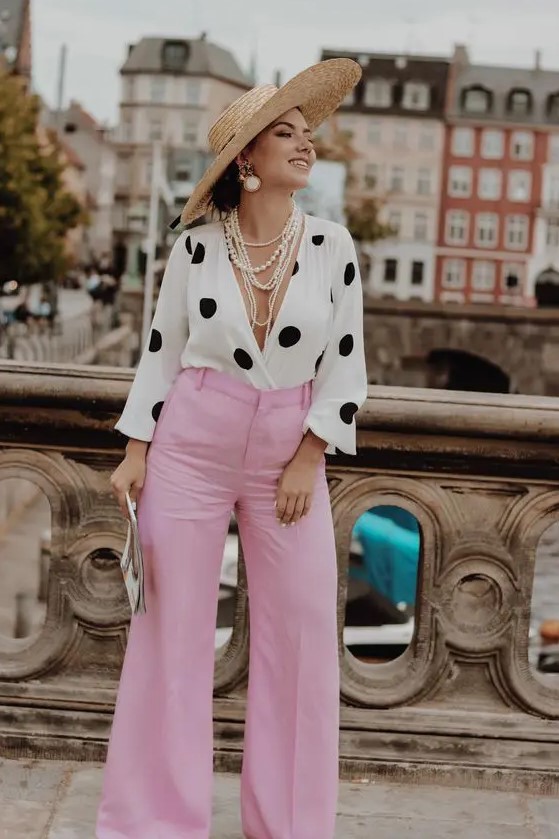 Pink satin trousers wedding guest outfit