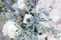 47 a neutral spring wedding bouquet with lilac, thistles, white blooms and eucalyptus for a romantic spring bride