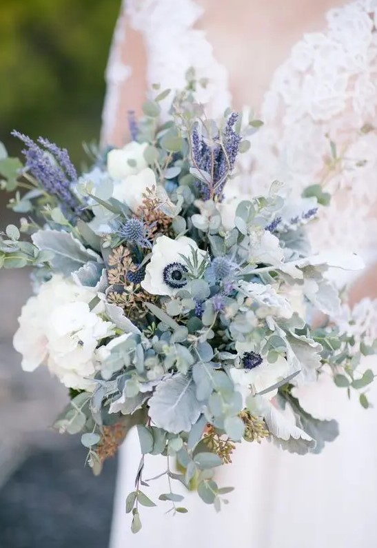 a neutral spring wedding bouquet with lilac, thistles, white blooms and eucalyptus for a romantic spring bride