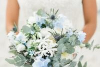 52 a subtle wedding bouquet of white and serenity blue flowers, thistles, greenery is a chic and delicate idea for a spring wedding