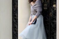 53 a grey tulle midi skirt, a grey off the shoulder sweater with half sleeves and grey suede booties look very feminine